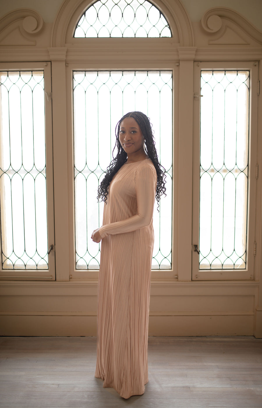 Elaila Pink Pleated Modest Maxi Dress