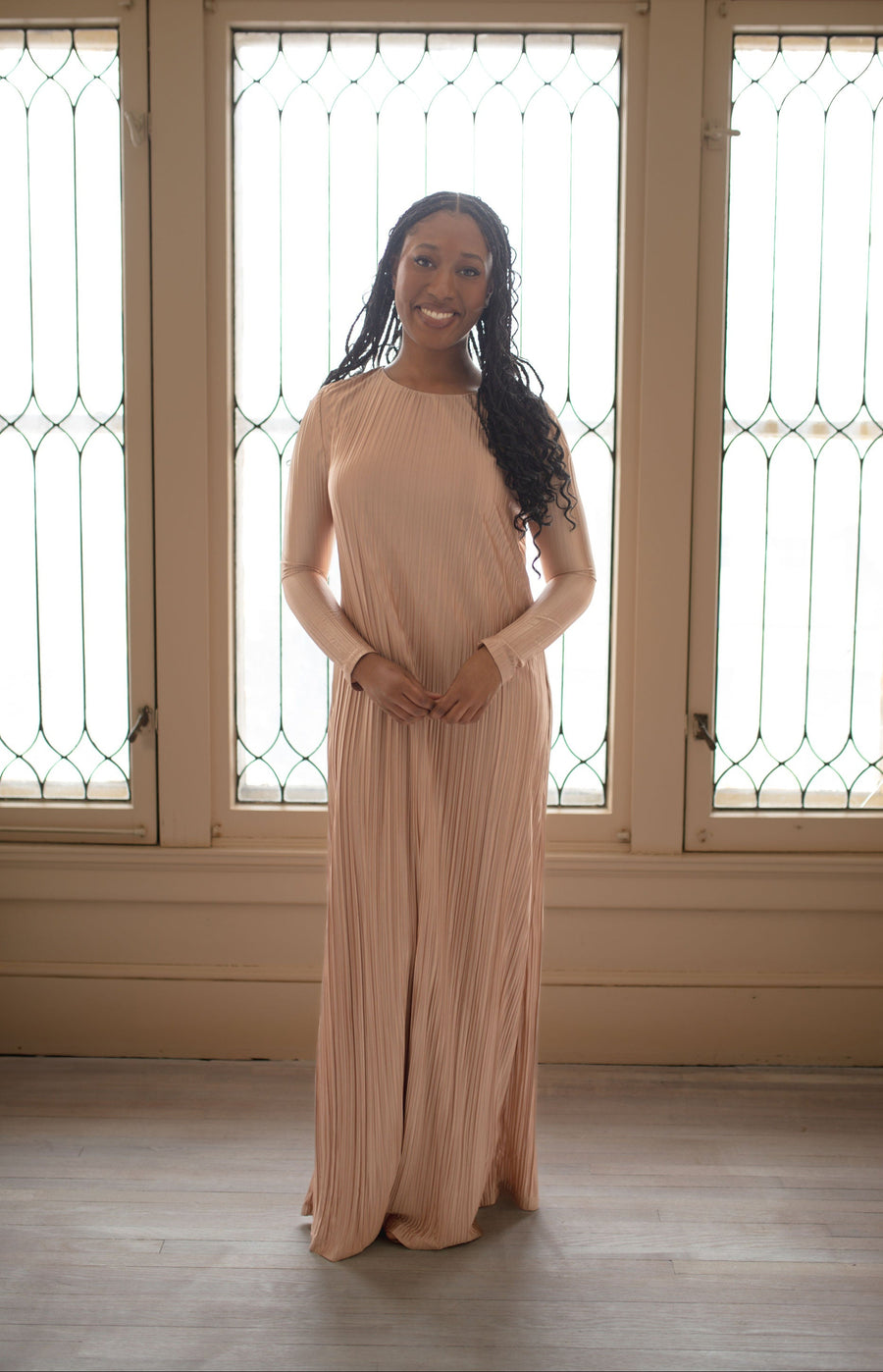 Elaila Pink Pleated Modest Maxi Dress