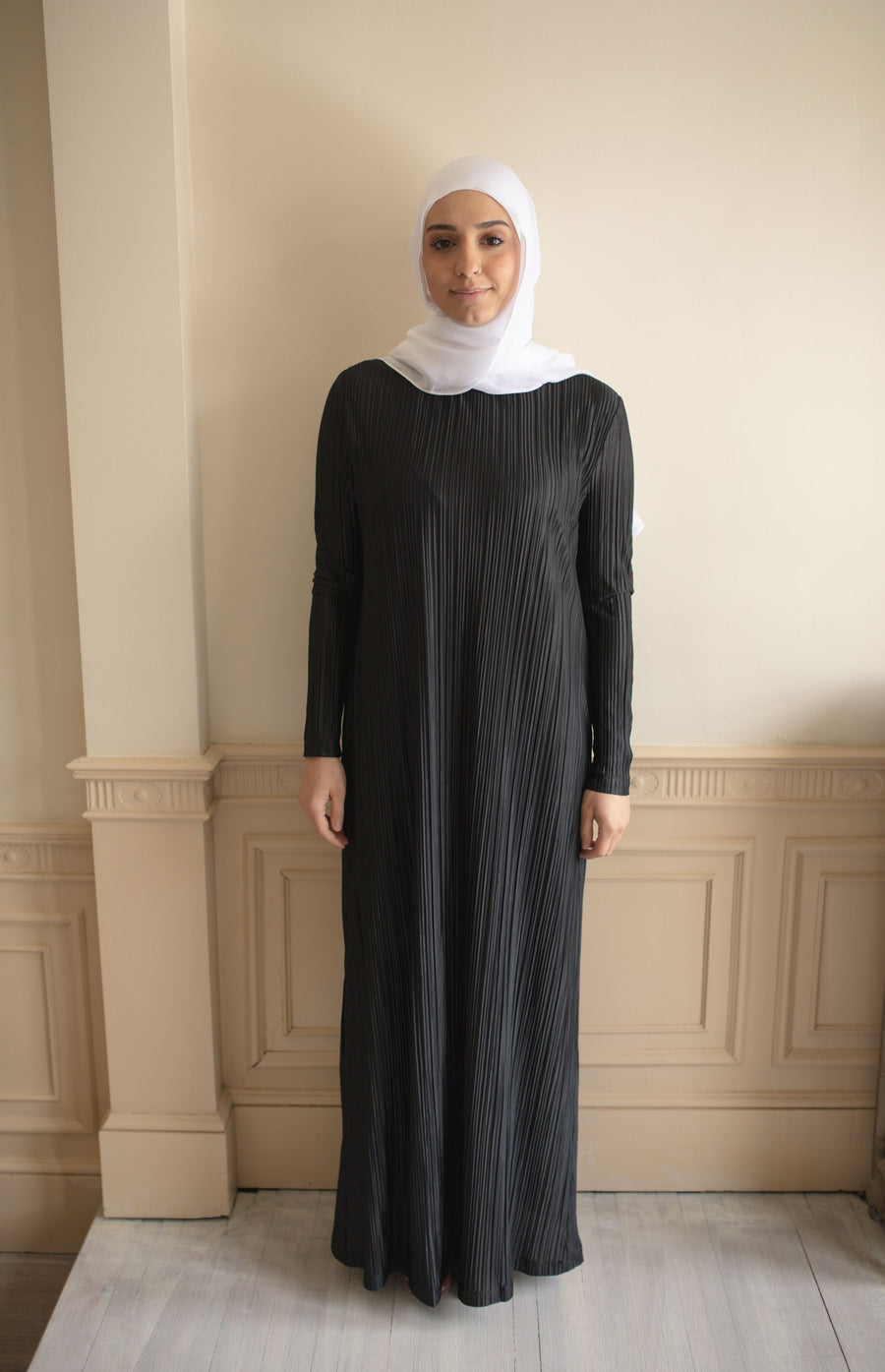 Elaila Black Pleated Modest Maxi Dress